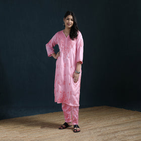 Pink - Hand Embroidered Rayon Cotton Chikankari Kurta with Pant Set for Women 19