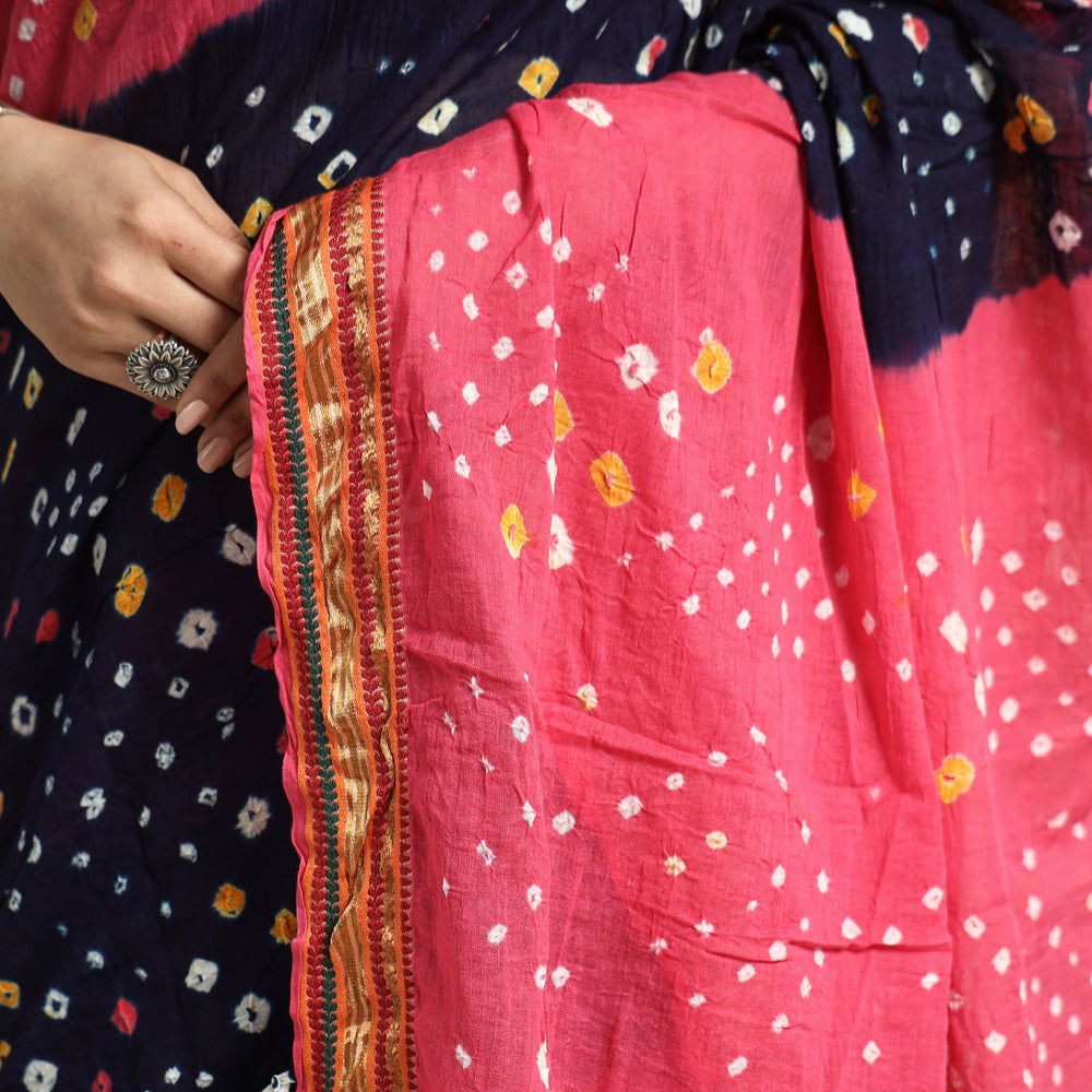 Pink - Kutch Bandhani Tie-Dye Cotton Saree with Blouse Piece