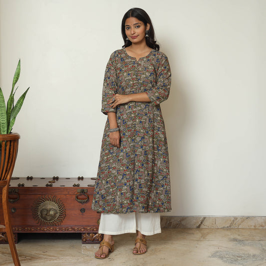 Brown - Kalamkari Printed Cotton A-Line Kurta 49