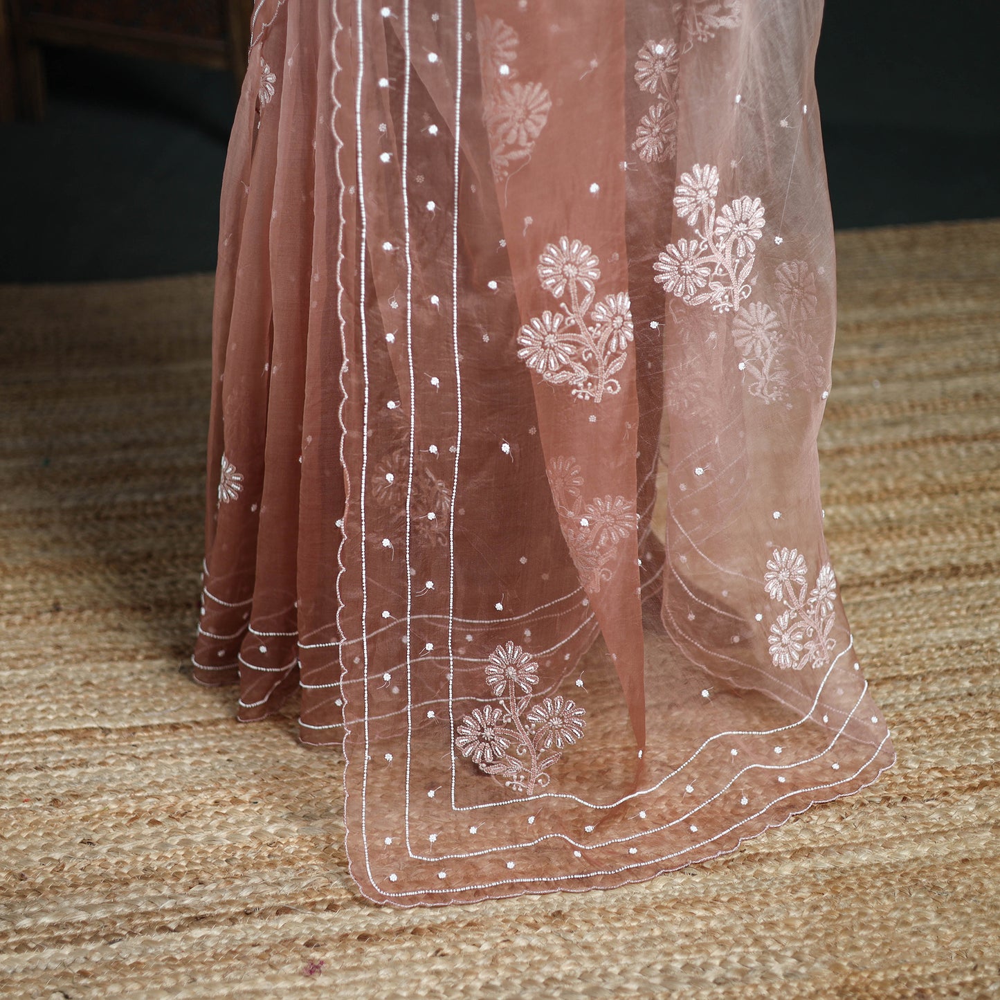 Lucknowi Chikankari Heavy Bead Work Pure Organza Silk Saree 07