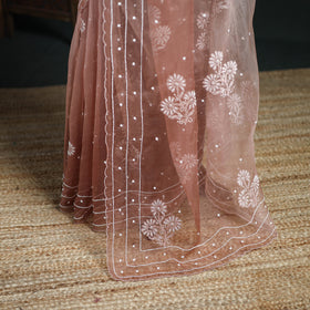 Lucknowi Chikankari Heavy Bead Work Pure Organza Silk Saree 07