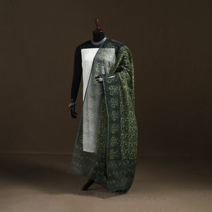 Green - Ajrakh Vanaspati Hand Block Print Natural Dyed Kota Doria Cotton Dupatta 18