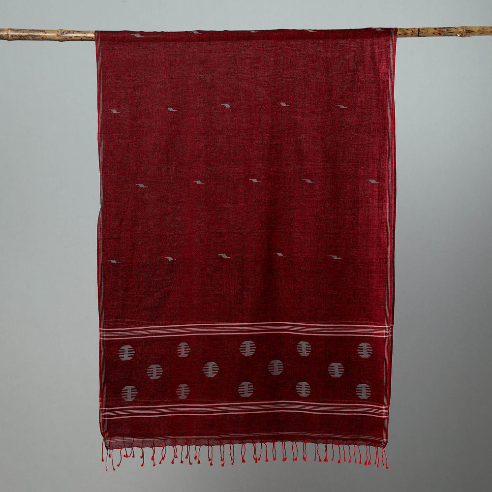 Maroon - Burdwan Jamdani Cotton Handloom Stole with Tassels 09