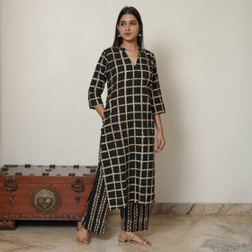Black - Hand Batik Printed Cotton Kurta with Palazzo & Dupatta Set 11