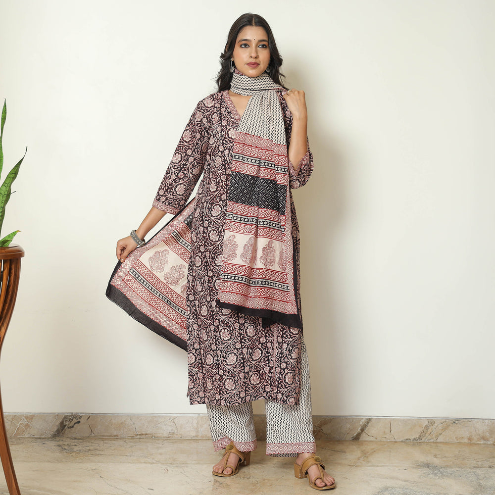 Black - Bagh Block Printed Cotton Kurta with Palazzo & Dupatta Set 03