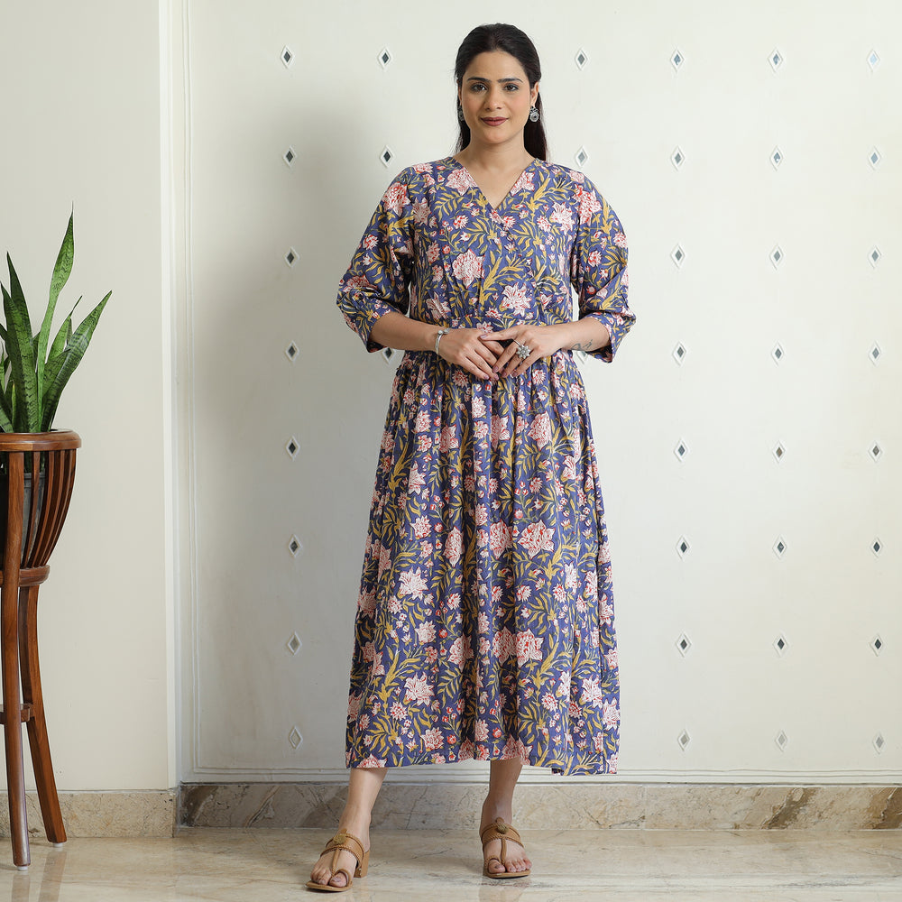 Blue - Sanganeri Block Printed Cotton Angrakha Flared Dress