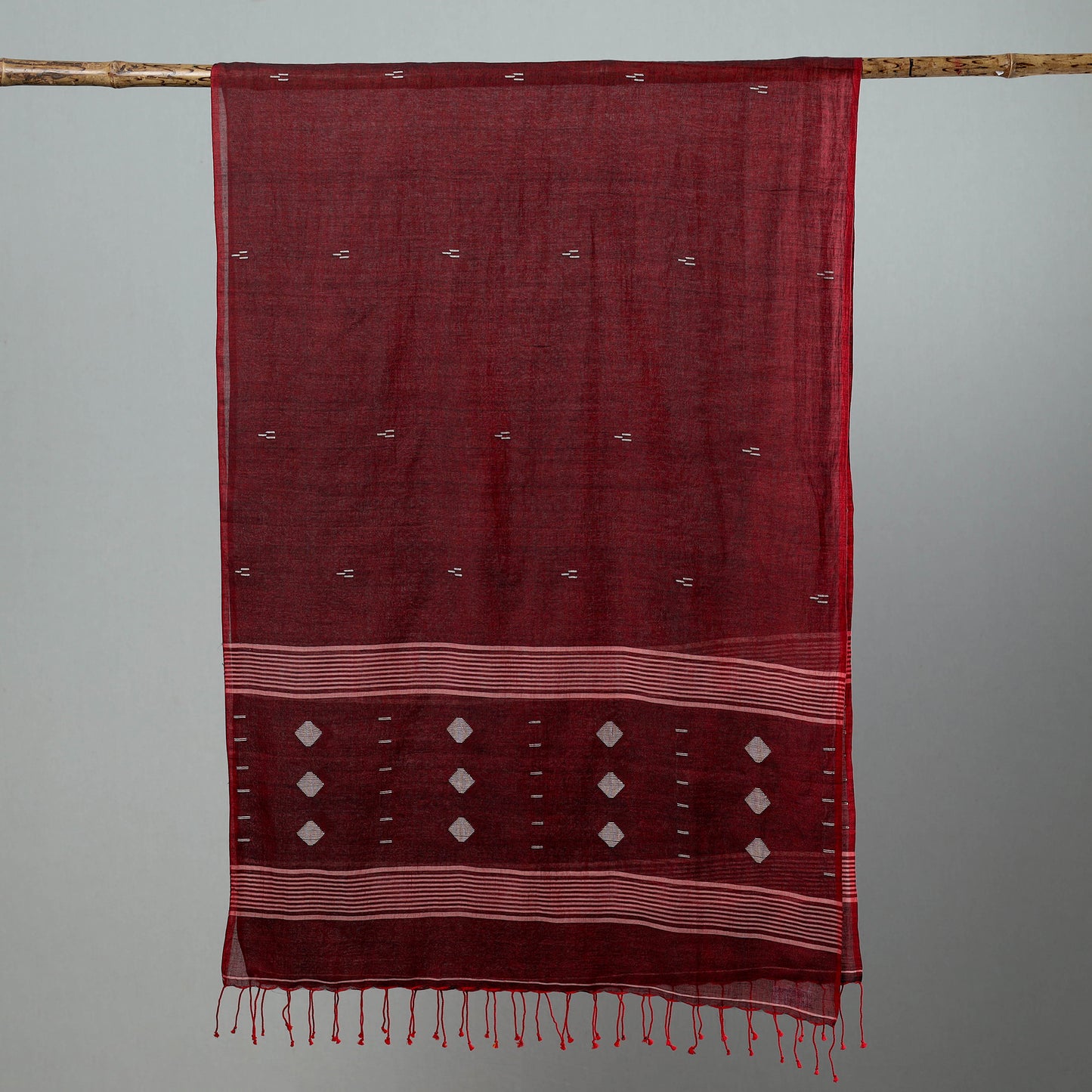 Maroon - Burdwan Jamdani Cotton Handloom Stole with Tassels 10