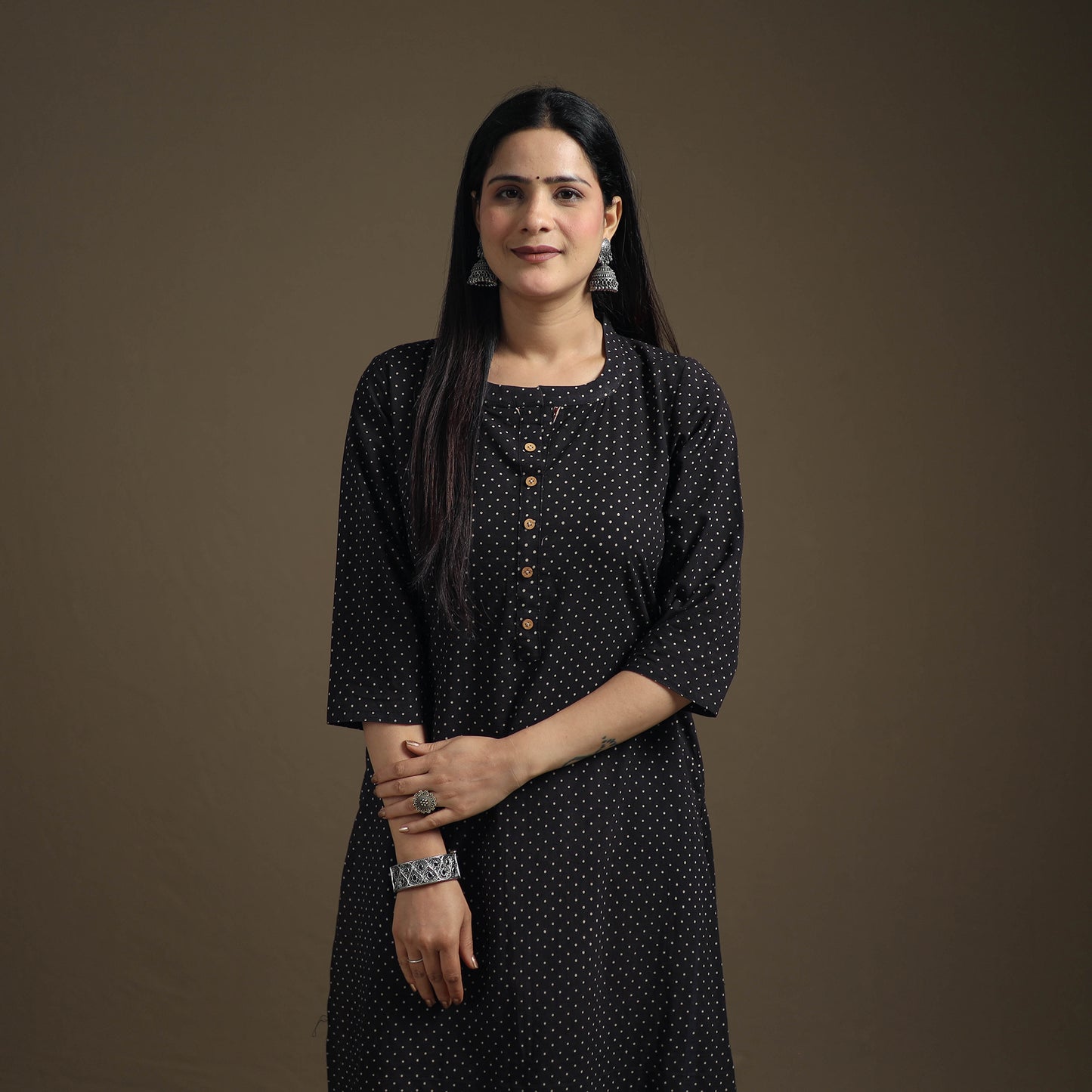 Hand Block Print Cotton Straight Long Ajrakh Kurta for Women 08
