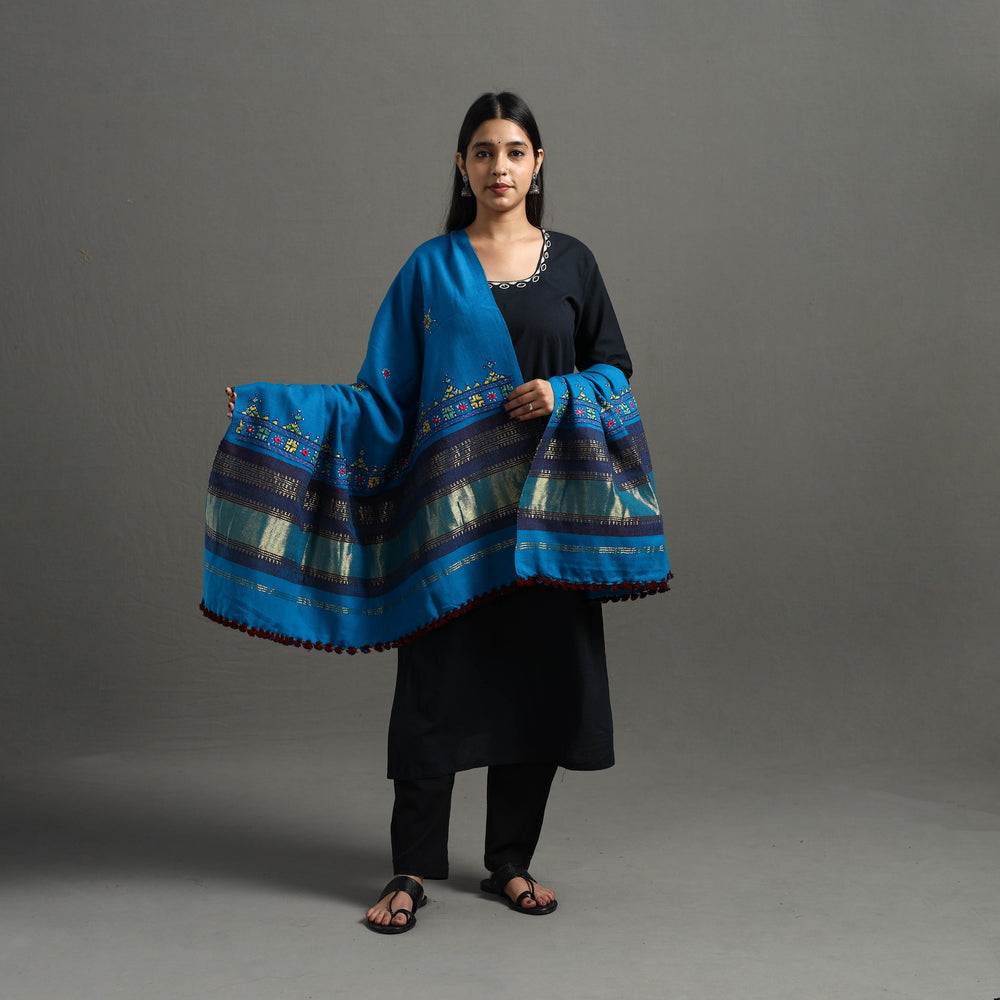 Blue - Kutch Neran Hand Embroidery Mirror Work Woollen Shawl 56