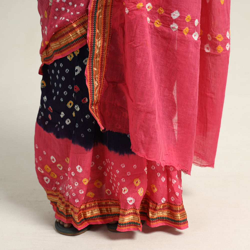 Pink - Kutch Bandhani Tie-Dye Cotton Saree with Blouse Piece