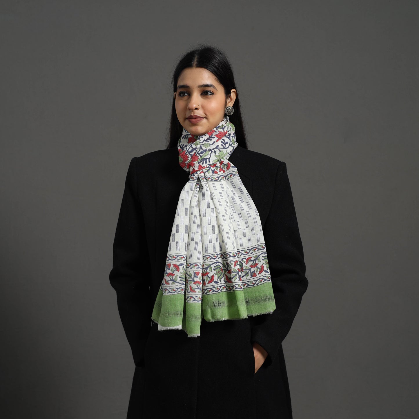 Multicolor - pure wool sanganeri stole 30 - handcrafted