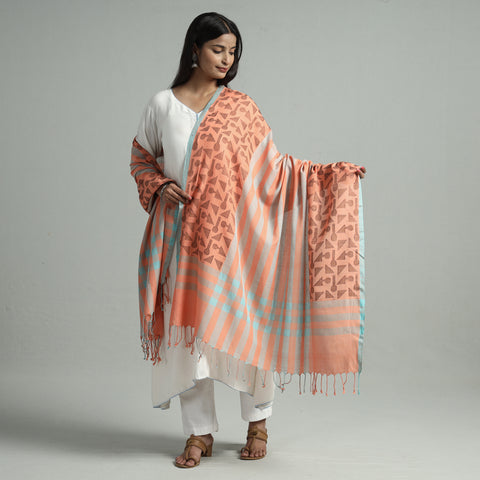 Peach -Bengal Jamdani Handloom Katan Silk Dupatta with Tassels 17