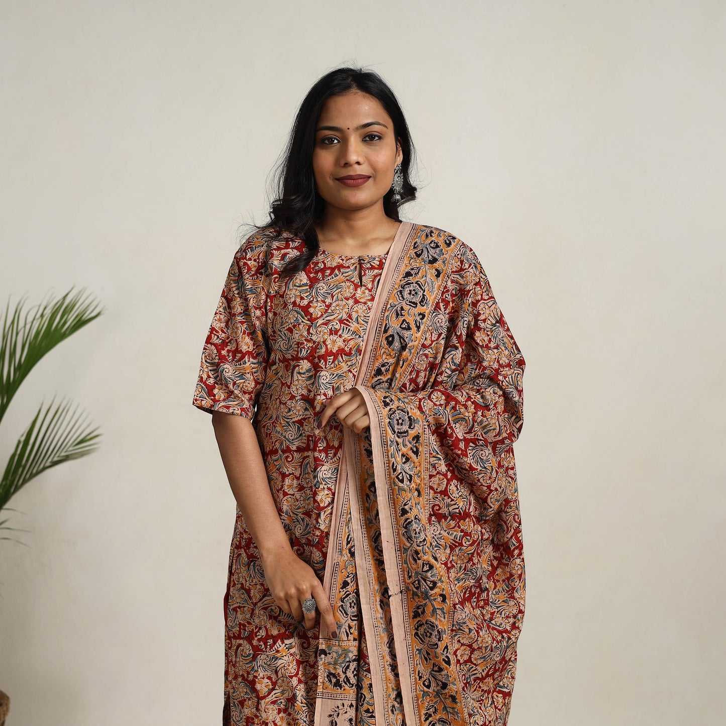 Red - printed cotton kalamkari kurta set 22 - handcrafted