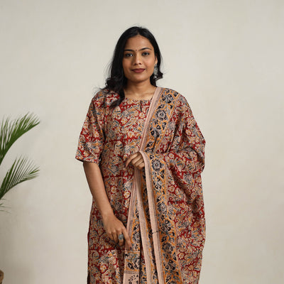 Red - printed cotton kalamkari kurta set 22 - handcrafted