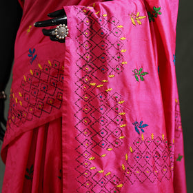 Pink - Bengal Nakshi Kantha Hand Embroidered Silk Saree 31
