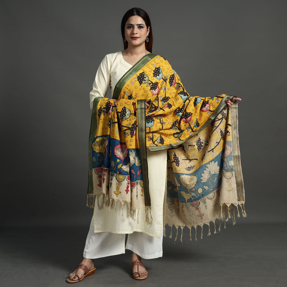 Yellow - Srikalahasti Pen Work Kalamkari Cotton Handpainted Zari Border Dupatta with Tassels 123