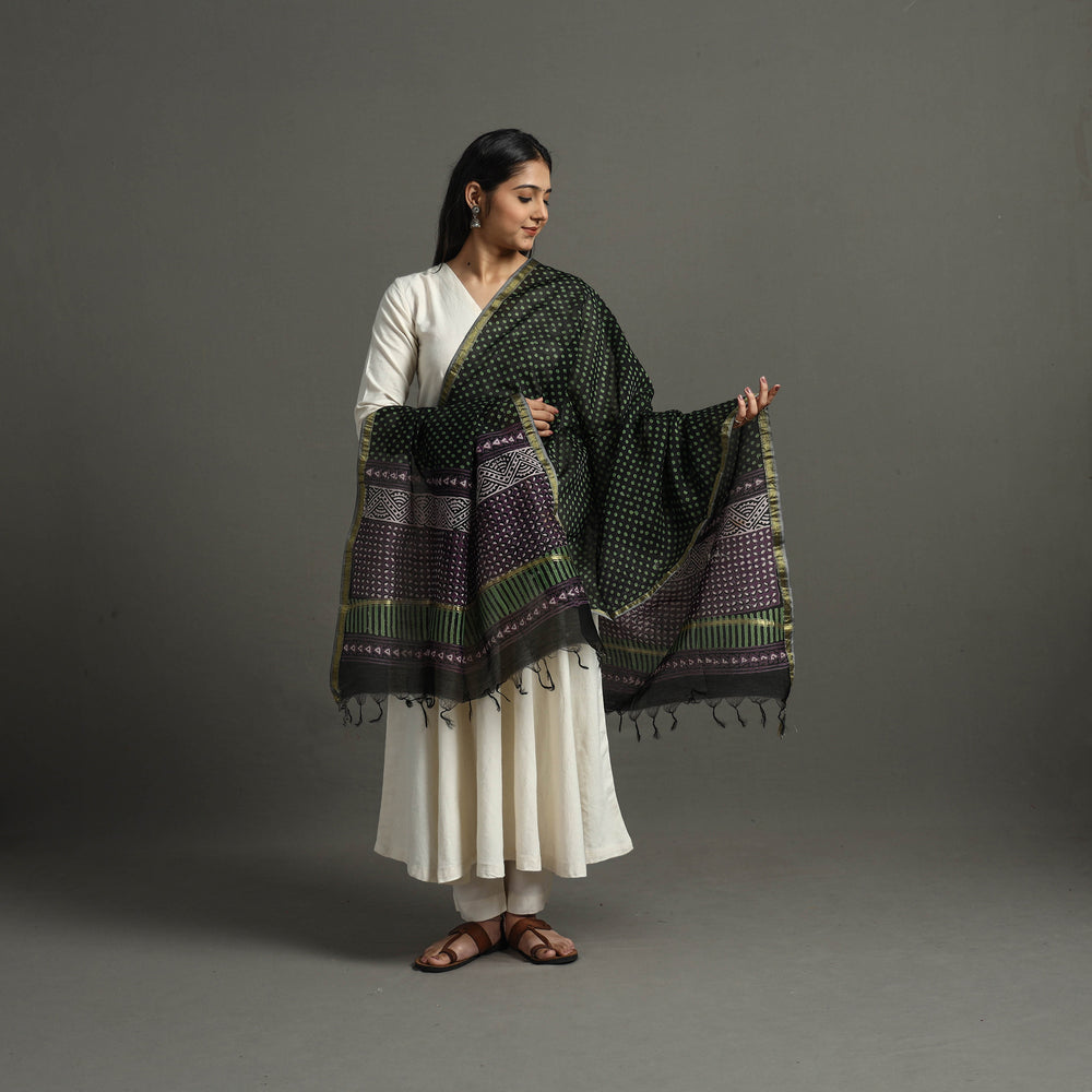 Green - Block Printed Chanderi Silk Bagru Dupatta 31