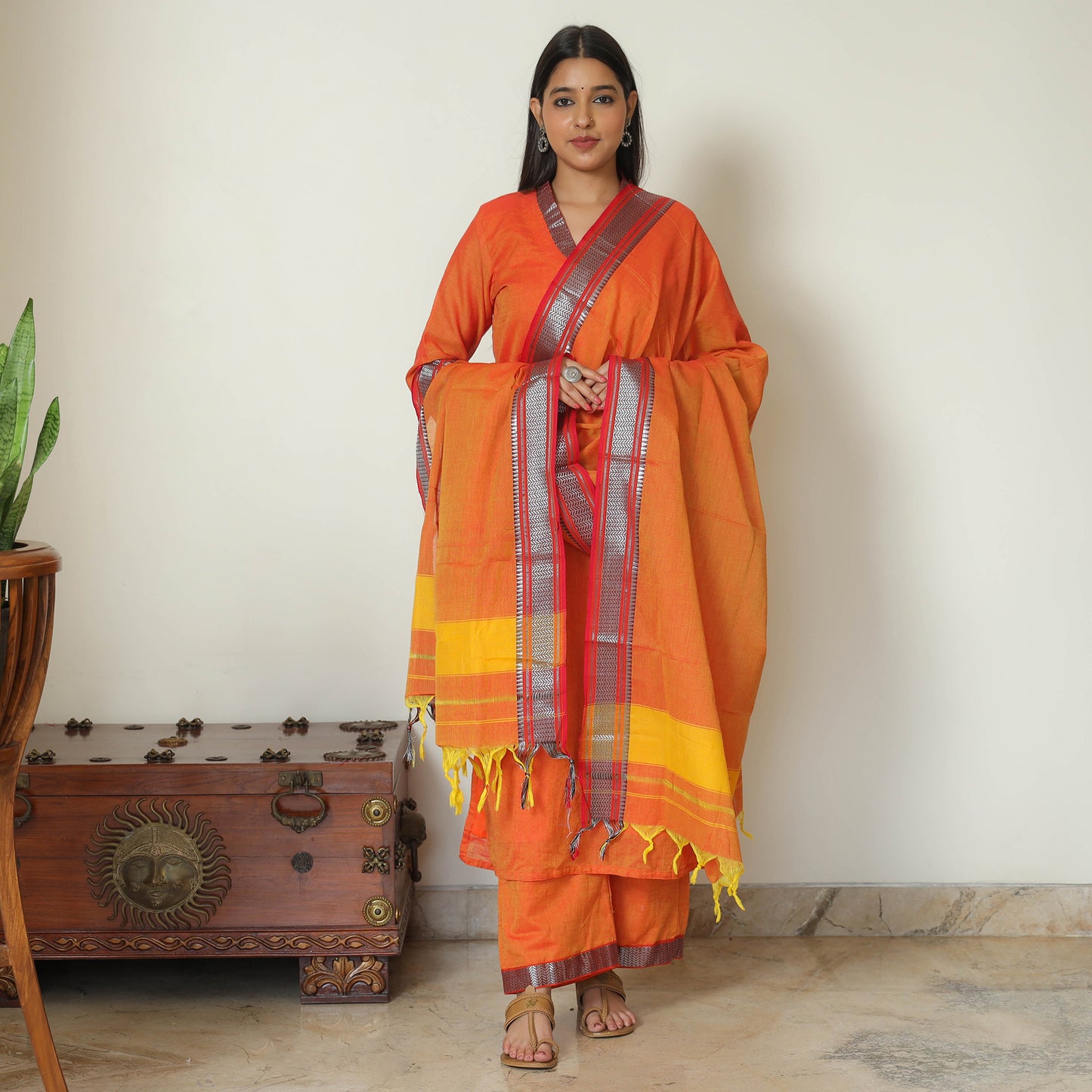 Orange - Dharwad Cotton Kurta with Palazzo & Dupatta Set 05