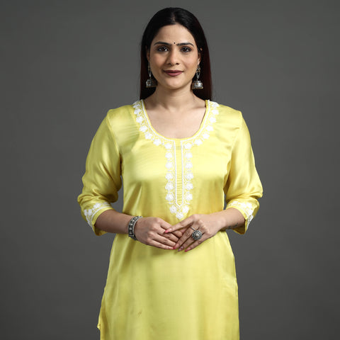 Buy Navy Blue Modal Silk Hand Embroidered Long Kurta l iTokri.com