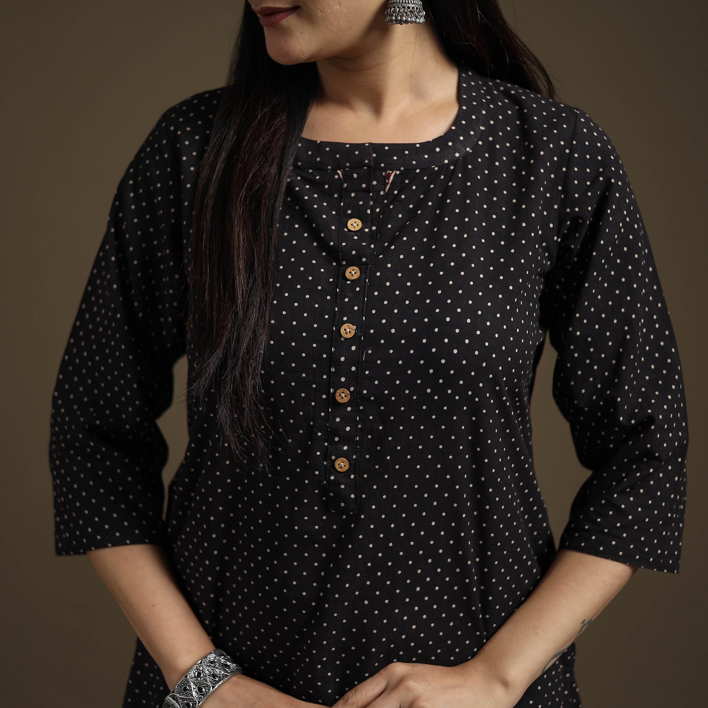 Hand Block Print Cotton Straight Long Ajrakh Kurta for Women 08