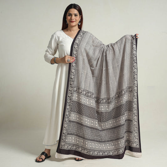 Grey - Bagh Block Printed Natural Dyed Cotton Dupatta 01