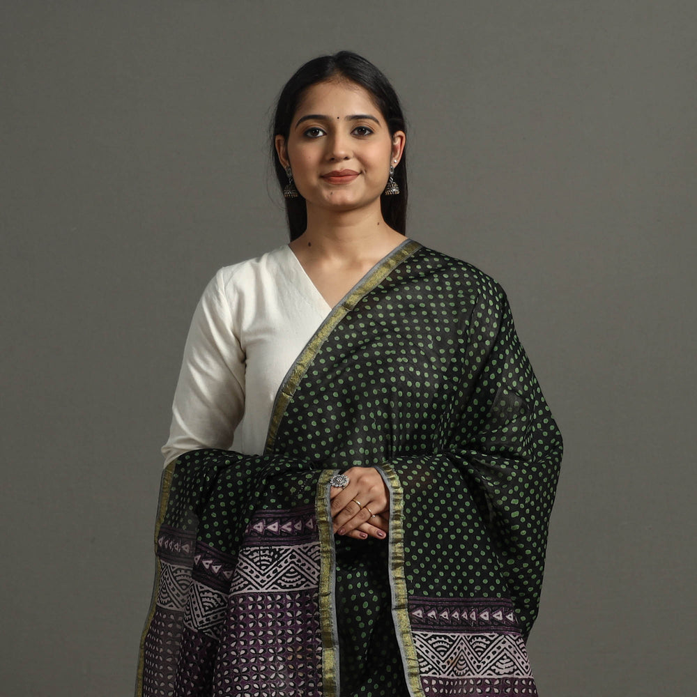 Green - Block Printed Chanderi Silk Bagru Dupatta 31