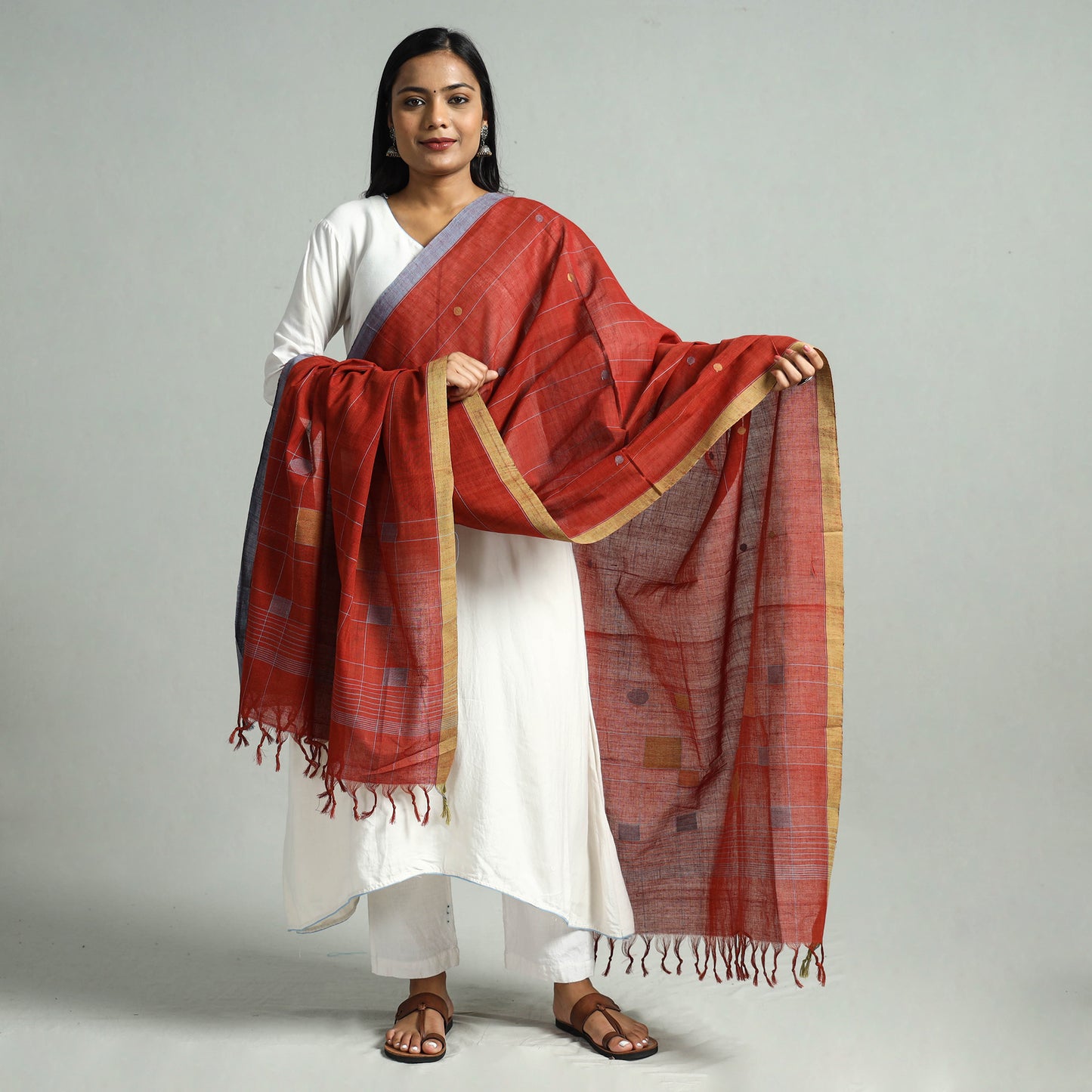 Red - Godavari Jamdani Buti Handloom Handspun Cotton Dupatta with Tassels 15