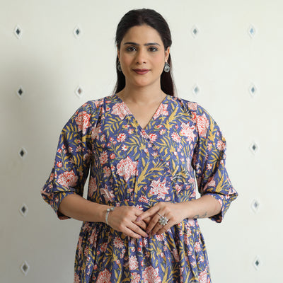 Blue - Sanganeri Block Printed Cotton Angrakha Flared Dress