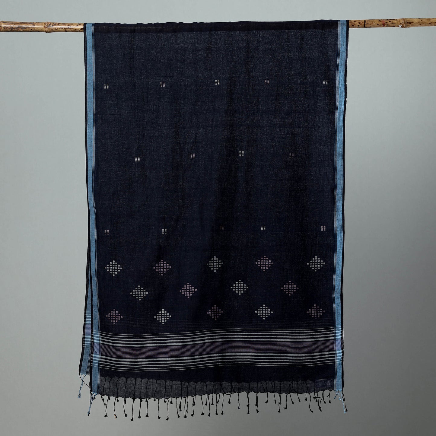 Blue - Burdwan Jamdani Cotton Handloom Stole with Tassels 12