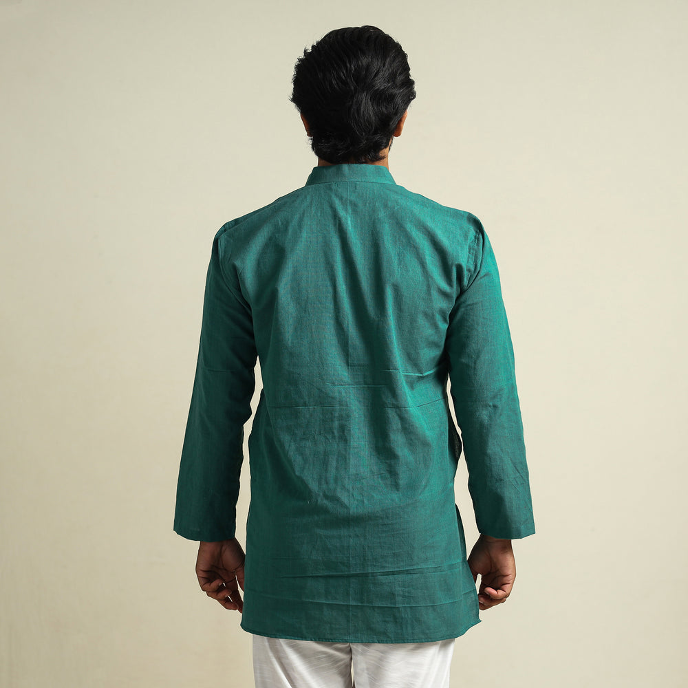 Green - Plain Handloom Cotton Men Short Kurta