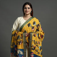 Yellow - Srikalahasti Pen Work Kalamkari Cotton Handpainted Zari Border Dupatta with Tassels 123