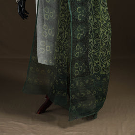 Green - Ajrakh Vanaspati Hand Block Print Natural Dyed Kota Doria Cotton Dupatta 18