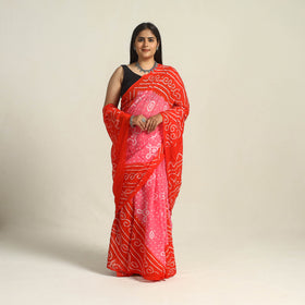 Red Kutch Bandhani Tie-Dye Cotton Saree with Blouse Piece