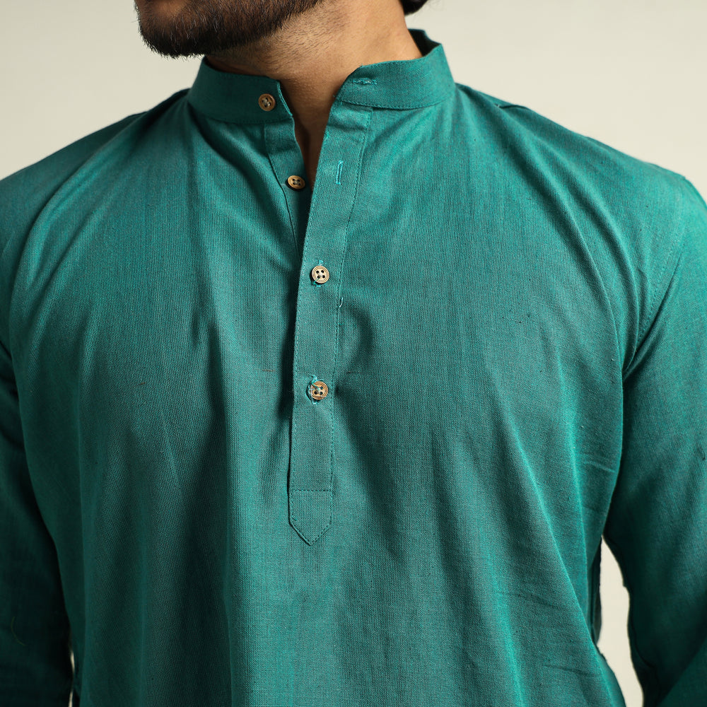 Green - Plain Handloom Cotton Men Short Kurta