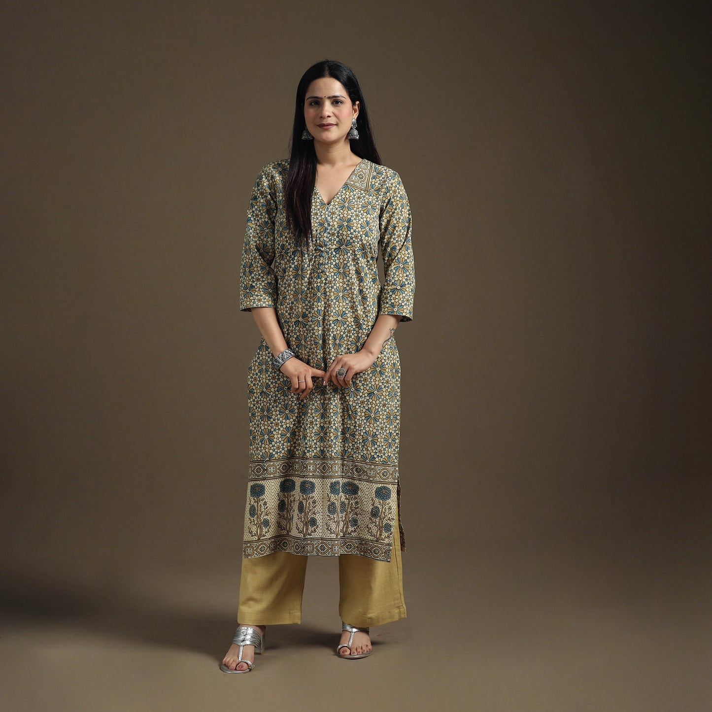 Hand Block Print Cotton Straight Long Ajrakh Kurta for Women 03
