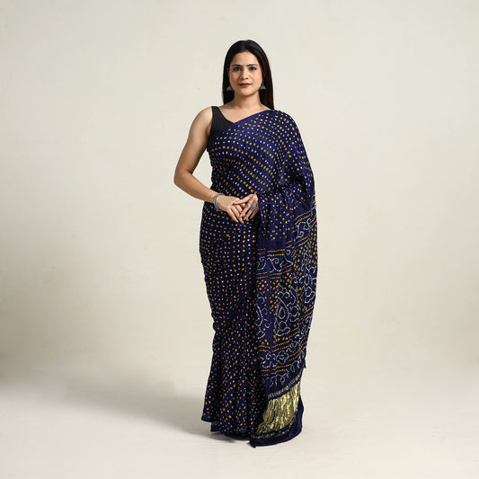 Blue - Kutch Tie-Dye Gajji Silk Bandhani Saree with Blouse Piece 06