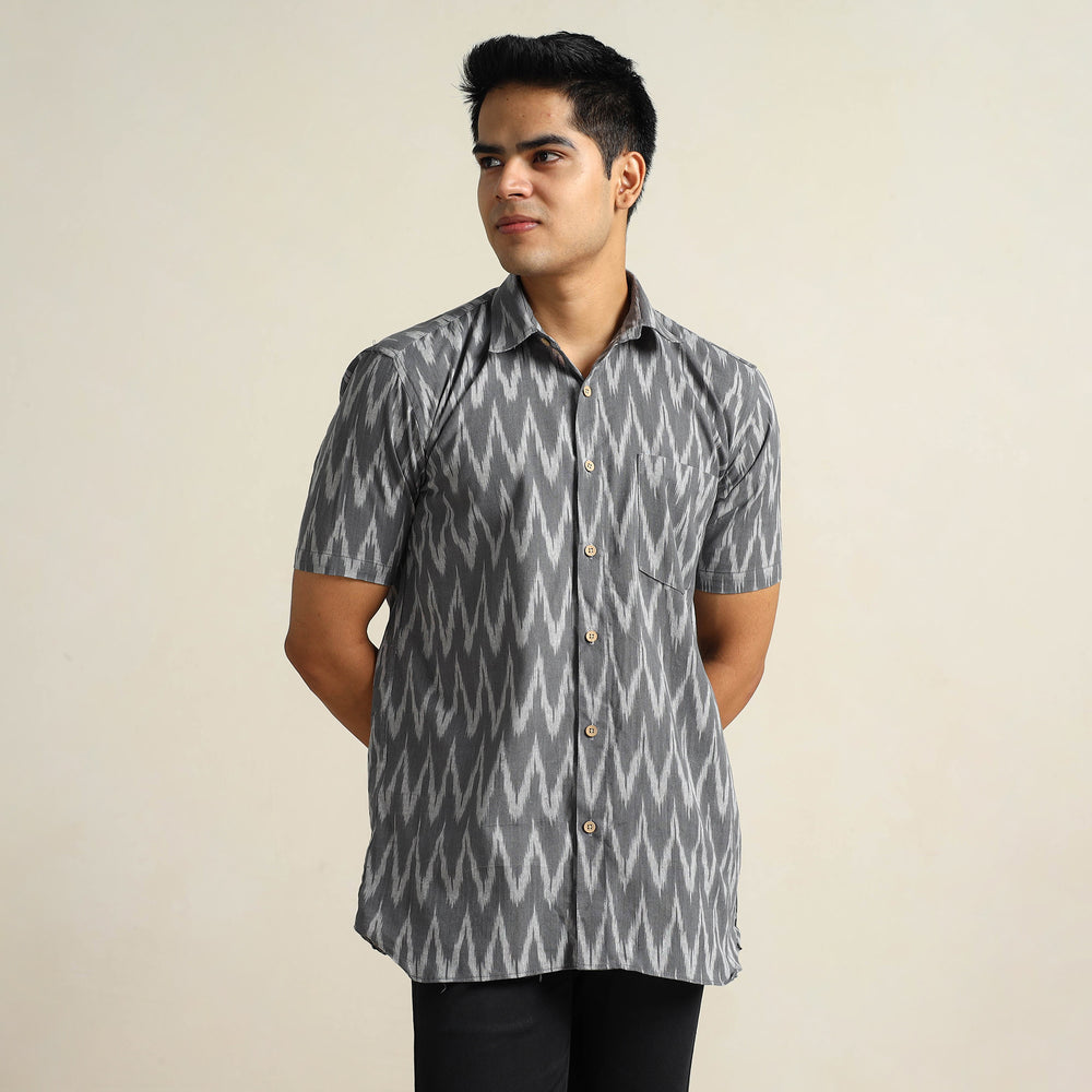 Grey - Pochampally Ikat Weave Cotton Men Half Sleeve Shirt 06