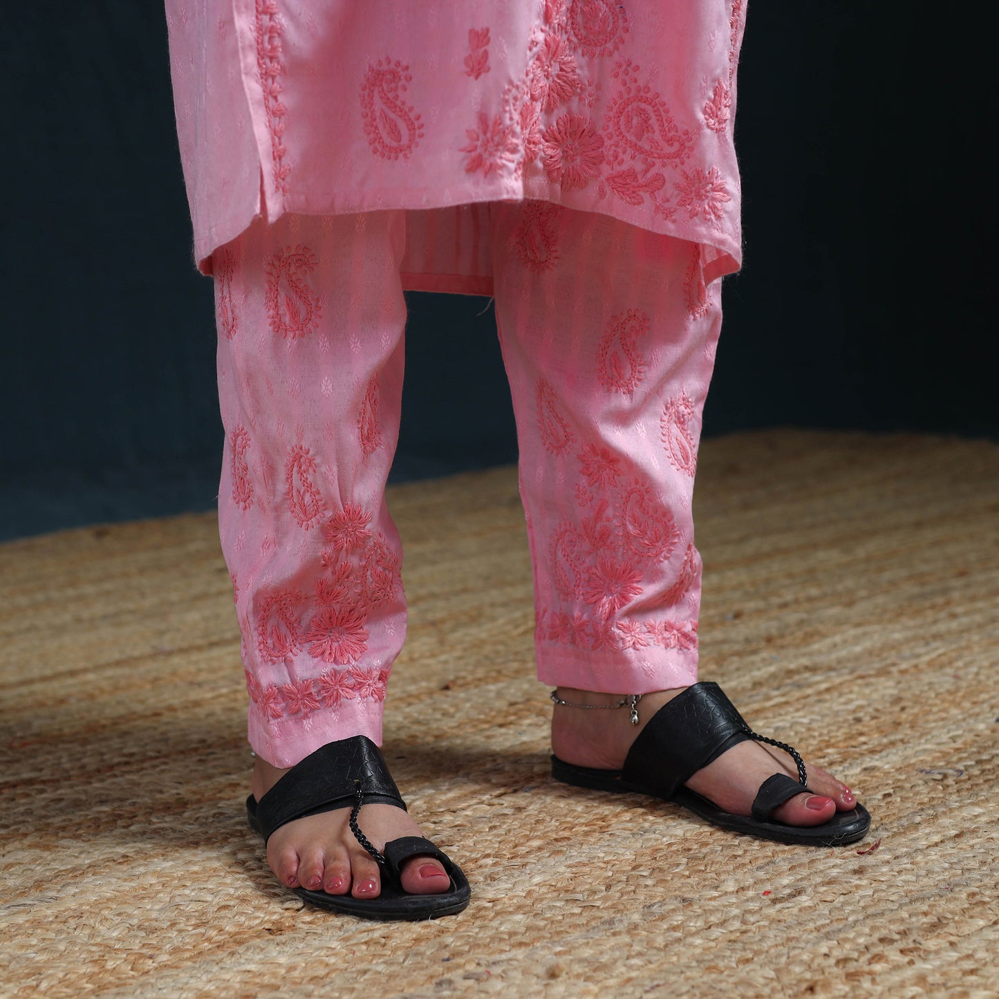 Pink - Hand Embroidered Rayon Cotton Chikankari Kurta with Pant Set for Women 19