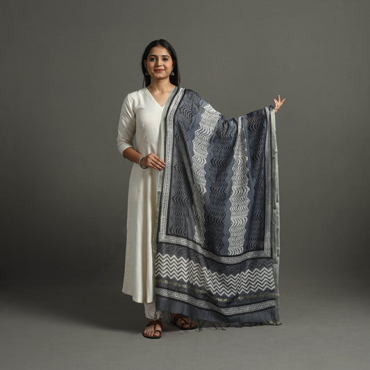 Grey - Block Printed Chanderi Silk Bagru Dupatta 32