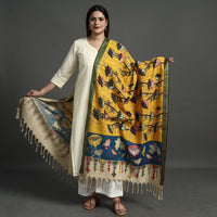 Yellow - Srikalahasti Pen Work Kalamkari Cotton Handpainted Zari Border Dupatta with Tassels 123