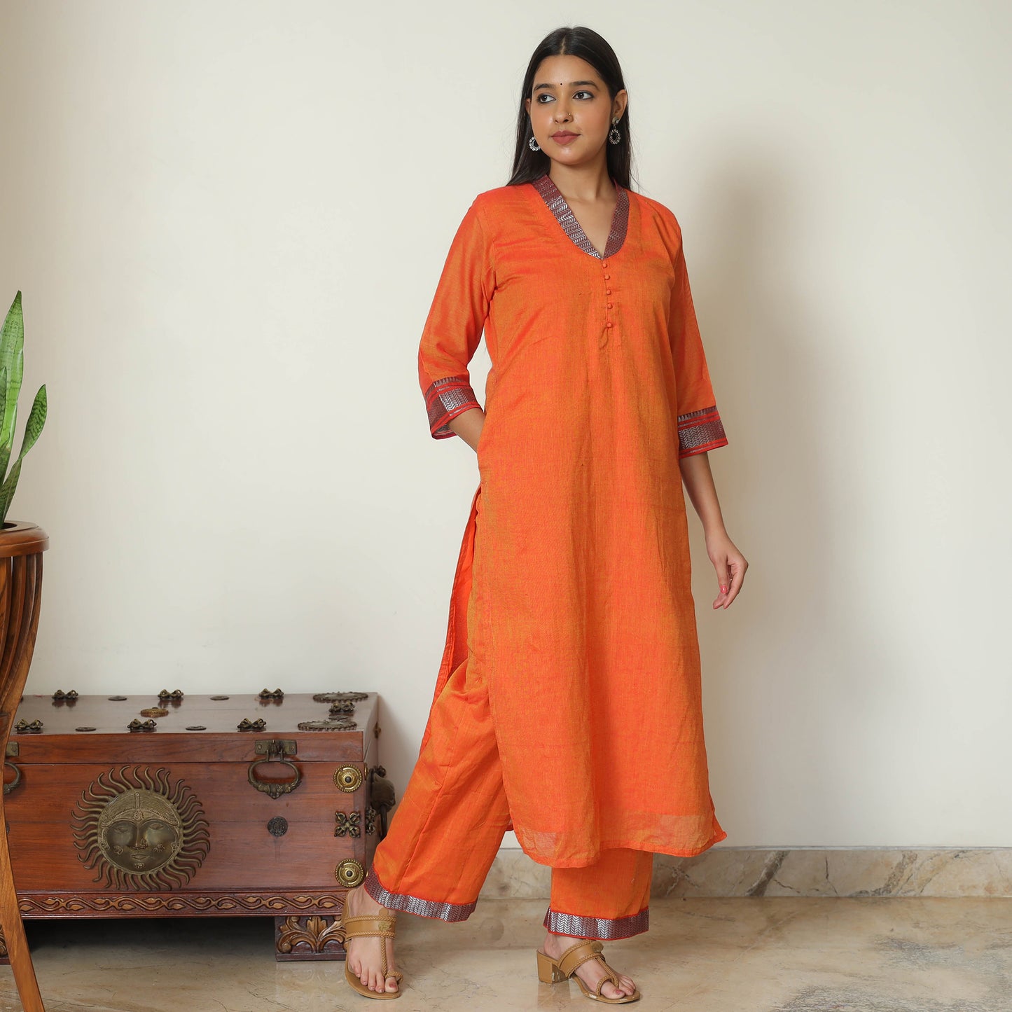 Orange - Dharwad Cotton Kurta with Palazzo & Dupatta Set 05