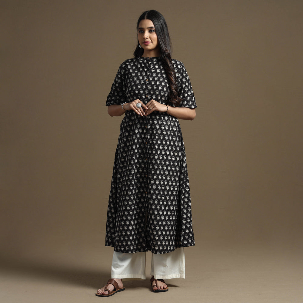 Black - Bagru Hand Block Printed Cotton A-Line Kurta