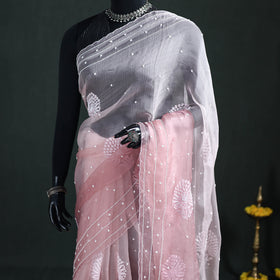 Lucknowi Chikankari Heavy Bead Work Pure Organza Silk Saree 08