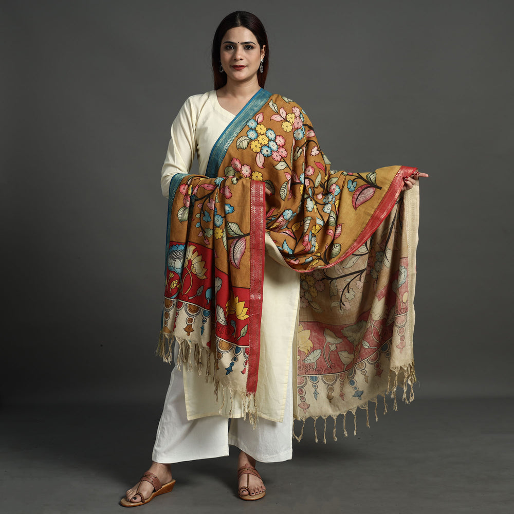 Brown - Srikalahasti Pen Work Kalamkari Cotton Handpainted Zari Border Dupatta with Tassels 124