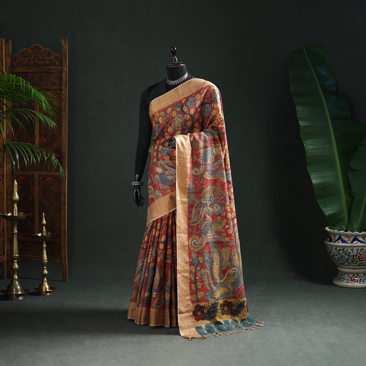 Pure Handloom Desi Tussar Silk Handpainted Srikalahasti Pen Kalamkari Saree with Zari Border 01