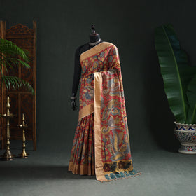 Pure Handloom Desi Tussar Silk Handpainted Srikalahasti Pen Kalamkari Saree with Zari Border 01