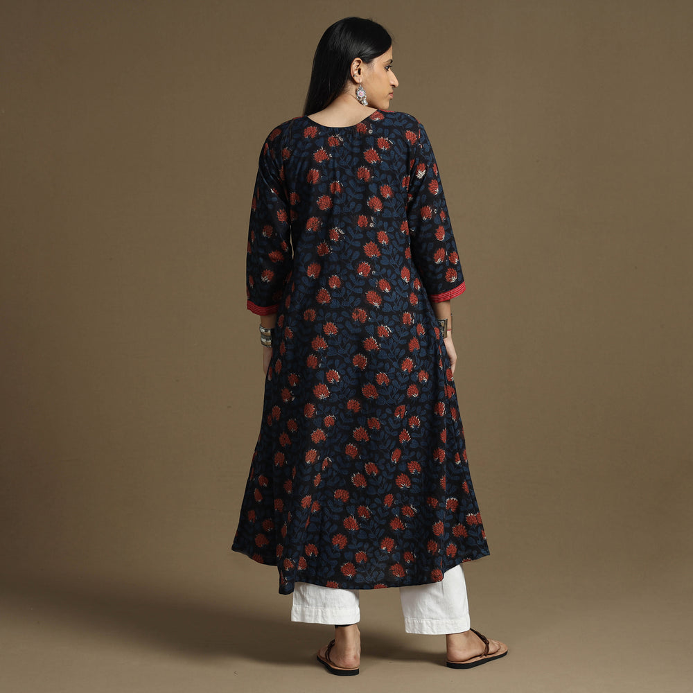 Blue - Bagru Hand Block Printed Cotton A-Line Long Kurta