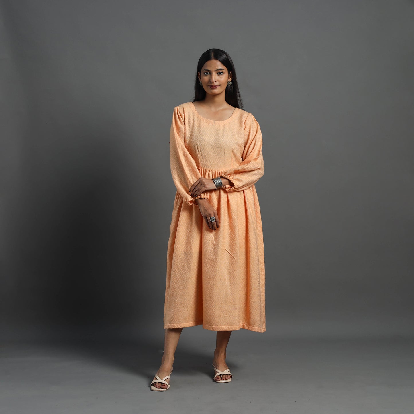 Orange - Kashish Peach Plain Flared Woolen Dress 05