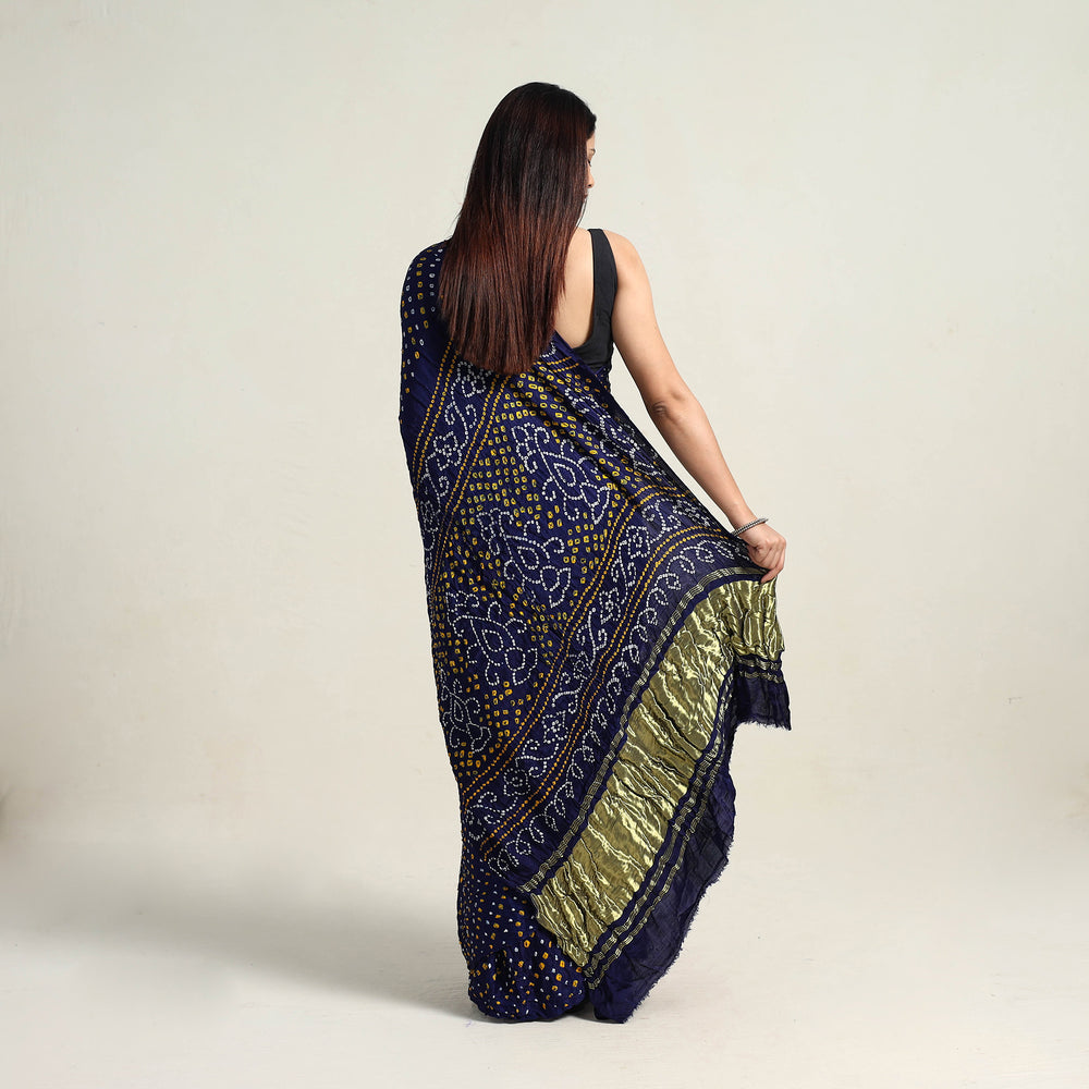 Blue - Kutch Tie-Dye Gajji Silk Bandhani Saree with Blouse Piece 06