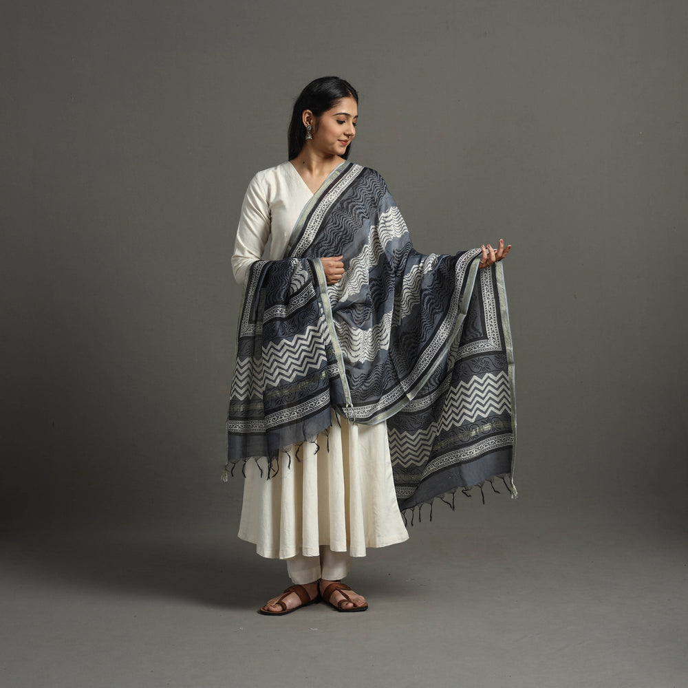 Grey - Block Printed Chanderi Silk Bagru Dupatta 32